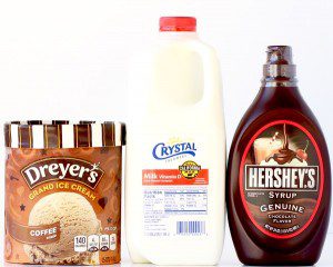 Coffee ice cream, milk, and chocolate syrup.