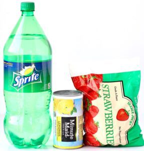 Frozen strawberries, frozen lemonade mix, and Sprite.