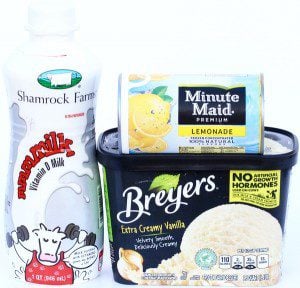 Vanilla ice cream, frozen lemonade mix, and milk.