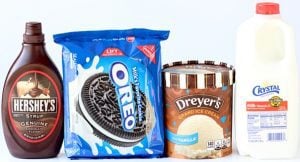 Oreos, ice cream, milk, and chocolate syrup.