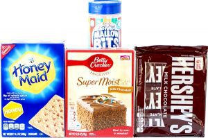 Ingredients including chocolate bars, graham crackers, and mallow bits.
