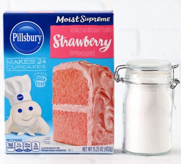 Strawberry cake mix and powdered sugar.