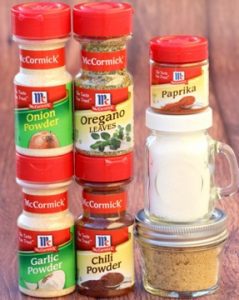 Ingredients including onion powder, paprika, and chili powder.