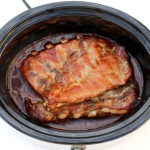 Root Beer BBQ Pork Ribs in a slow cooker.