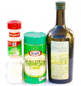 Ingredients including garlic powder, olive oil, and parmesan.