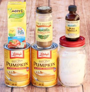 Ingredients including vanilla, pumpkin pie spice, and pumpkin puree.