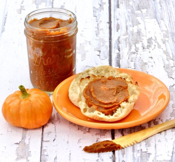 Pumpkin Butter in a jar and on an English muffin.