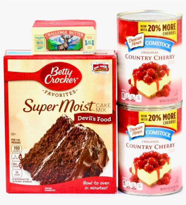Devil\'s food cake mix, butter, and cherry filling.