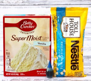 Vanilla cake mix and white chocolate morsels.
