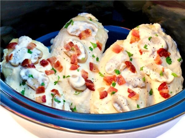 Alfredo chicken with bacon and mushrooms.