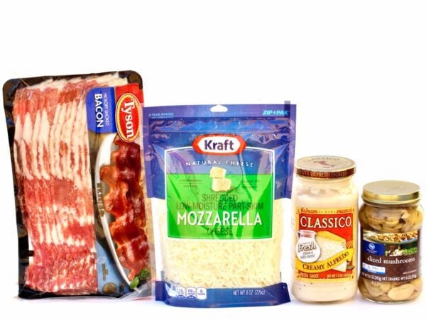 Alfredo Chicken ingredients including bacon, mozzarella, and mushrooms.