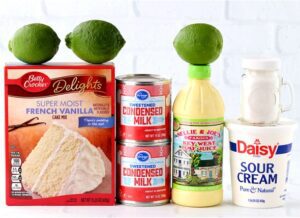 Cake ingredients including French vanilla cake mix, Key West lime juice, and sour cream.