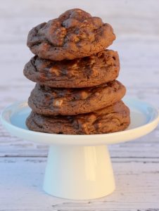 Stack of chocolate candy cookies.