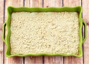 Key Lime Cake Mix cooked in a green baking dish.