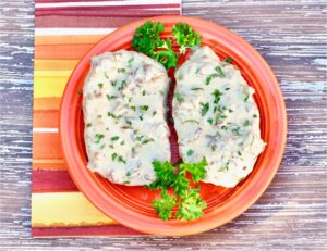 Plate of French Onion Pork Chops.