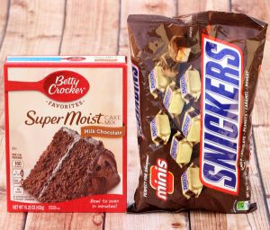 Snickers and a box of chocolate cake mix.
