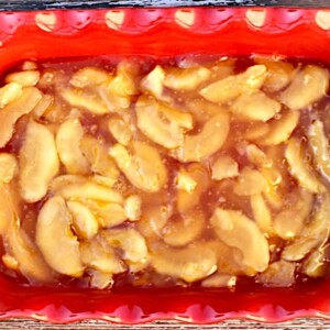 Apple Caramel Dump Cake in a baking dish.