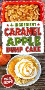 Caramel apple dump cake in small bowl with whip cream and a drizzle of caramel sauce on top.