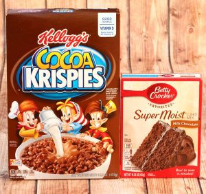 Boxes of Cocoa Krispies and chocolate cake mix.