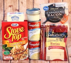 Ingredients including cream of chicken soup, stuffing mix, and Swiss cheese.