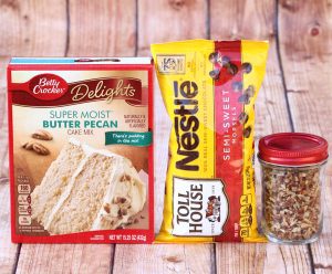 Butter pecan cake mix, pecans, and chocolate chips.