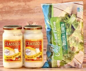Alfredo sauce and frozen broccoli.