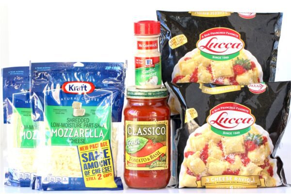 Ravioli Ingredients including garlic powder, mozzarella, and pasta sauce.