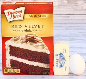 Red Velvet cake mix, butter, and an egg.