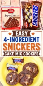 Chocolate Snickers cookies on plate with two mini Snickers candy bars to the side.