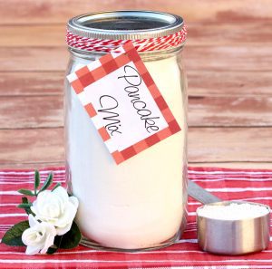 Powder in jar labeled "Pancake Mix."