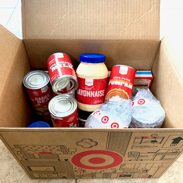 Target store brand grocery items in Target box.