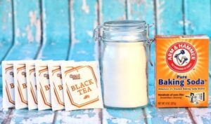 Sugar, baking soda, and bags of black tea.