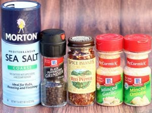 Seasonings including red pepper, minced garlic, and coarse salt.
