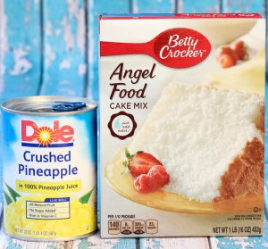Box of angel food cake and a can of crushed pineapple.