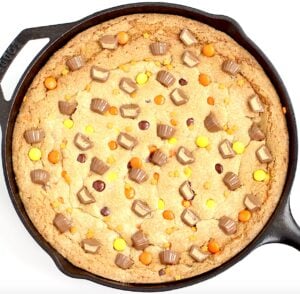 Giant cookie baked in cast iron skillet.