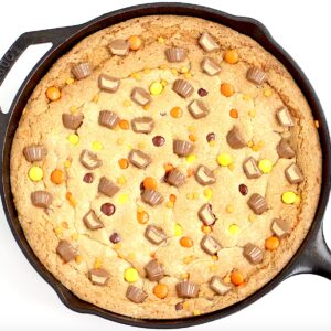 Giant cookie baked in cast iron skillet.