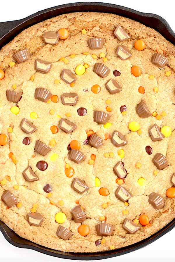 Giant cookie baked in cast iron skillet.
