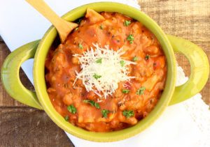 Lasagna Soup in a green bowl.