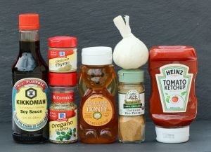 Honey Garlic ingredients including oregano, soy sauce, and ketchup.