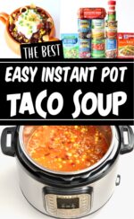 Collage of Instant Pot Taco Soup ingredients, cooking in instant pot and finished.