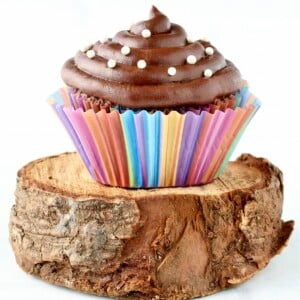 Chocolate Frosting on a chocolate cupcake.