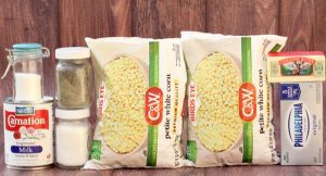 Creamed corn ingredients including cream cheese, butter, and evaporated milk.