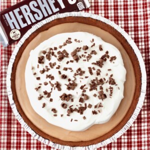 No Bake Chocolate Pie next to a Hershey's chocolate bar.