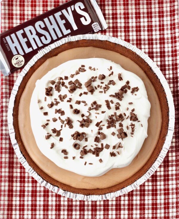 No Bake Chocolate Pie next to a Hershey\'s chocolate bar.