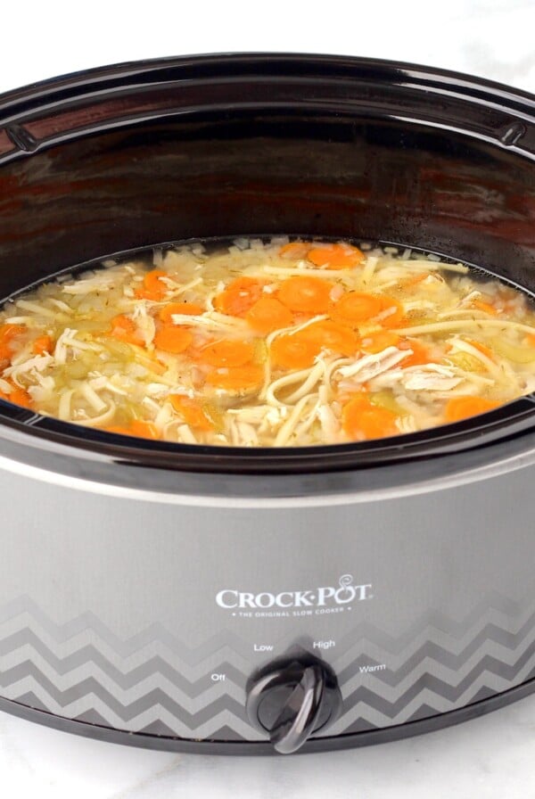 Grey Crockpot of Chicken Noodle Soup.