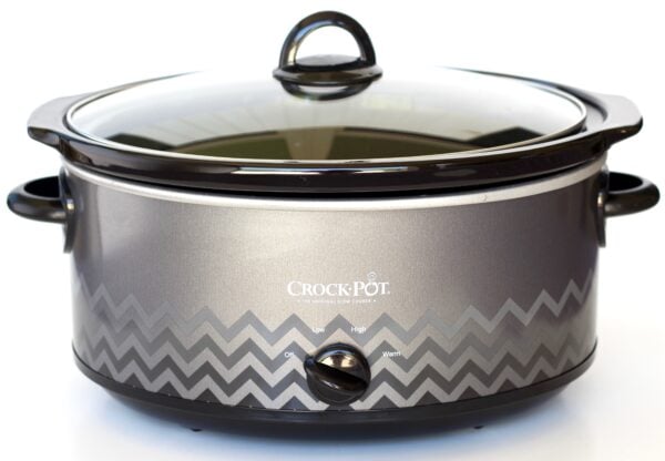 Silver chevron Crockpot with a lid.