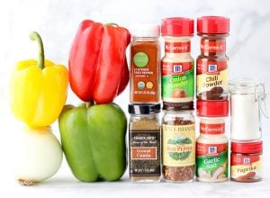 Fajita ingredients including chili powder, onion powder, and bell peppers.