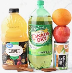 Punch ingredients including orange, apple, and ginger ale.