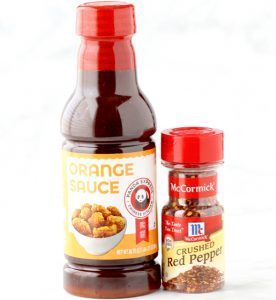 Orange sauce and crushed red pepper.