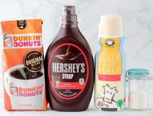 Mocha Frappe ingredients including coffee, chocolate syrup, and half and half.